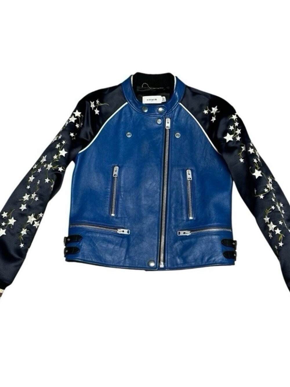 Coach 1941 Cityscape Lamb Leather Jacket Star Sleeve Blue Runway Women’s 2 - Picture 14 of 16